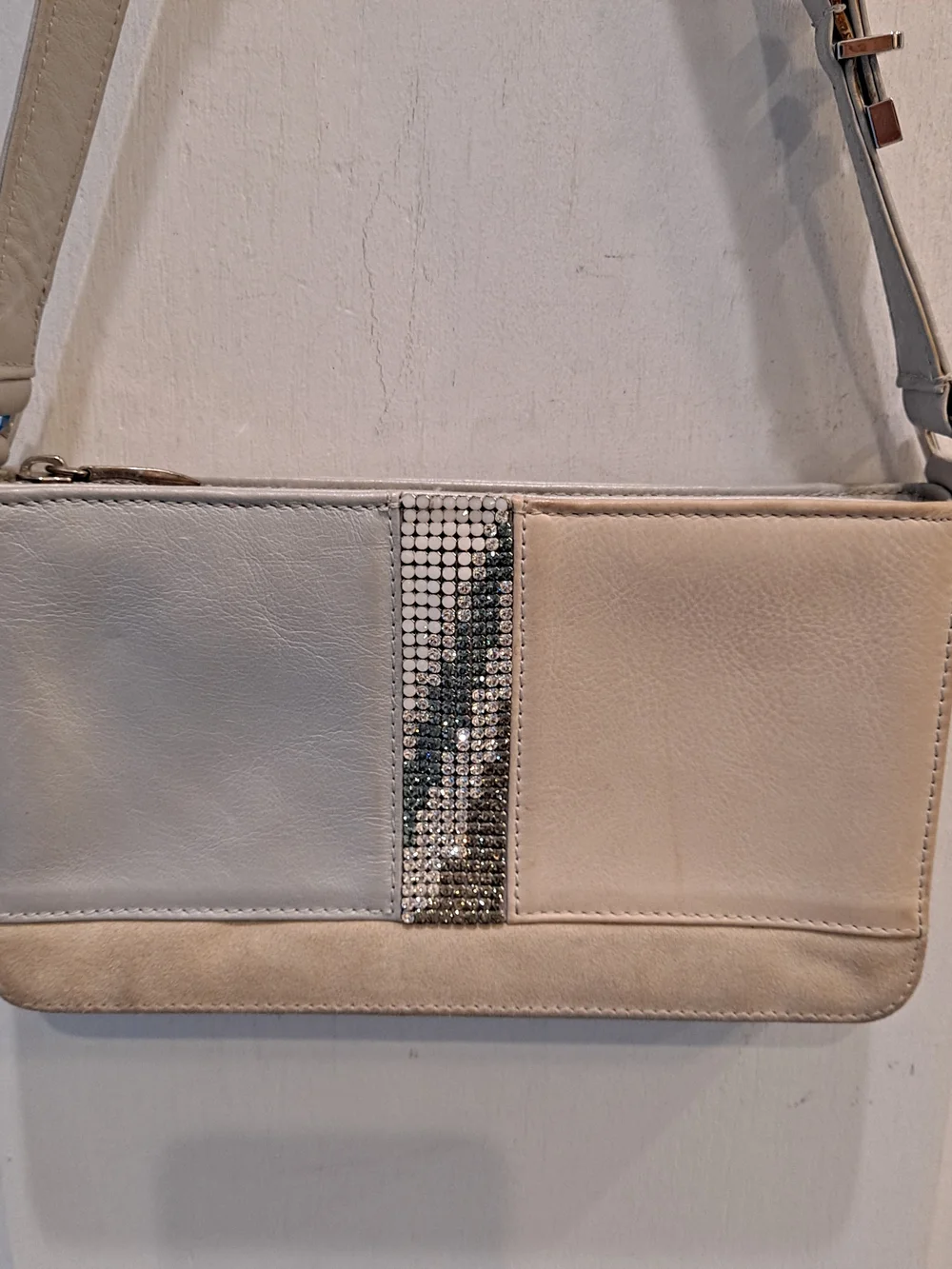 Swarovski Crystals Y2k Beige Gray Tri-panel Colorblock Baguette Shoulder Bag